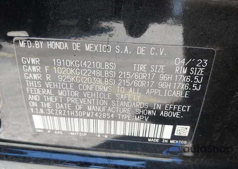 2023 Honda Hr-V Lx из США, поврежденный, VIN 3CZRZ1H30PM742854